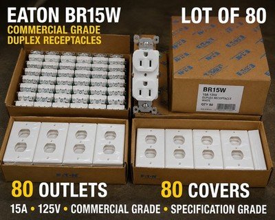 Eaton BR15W Commercial Grade Duplex Receptacle White + Wall Plate Pack Of 80