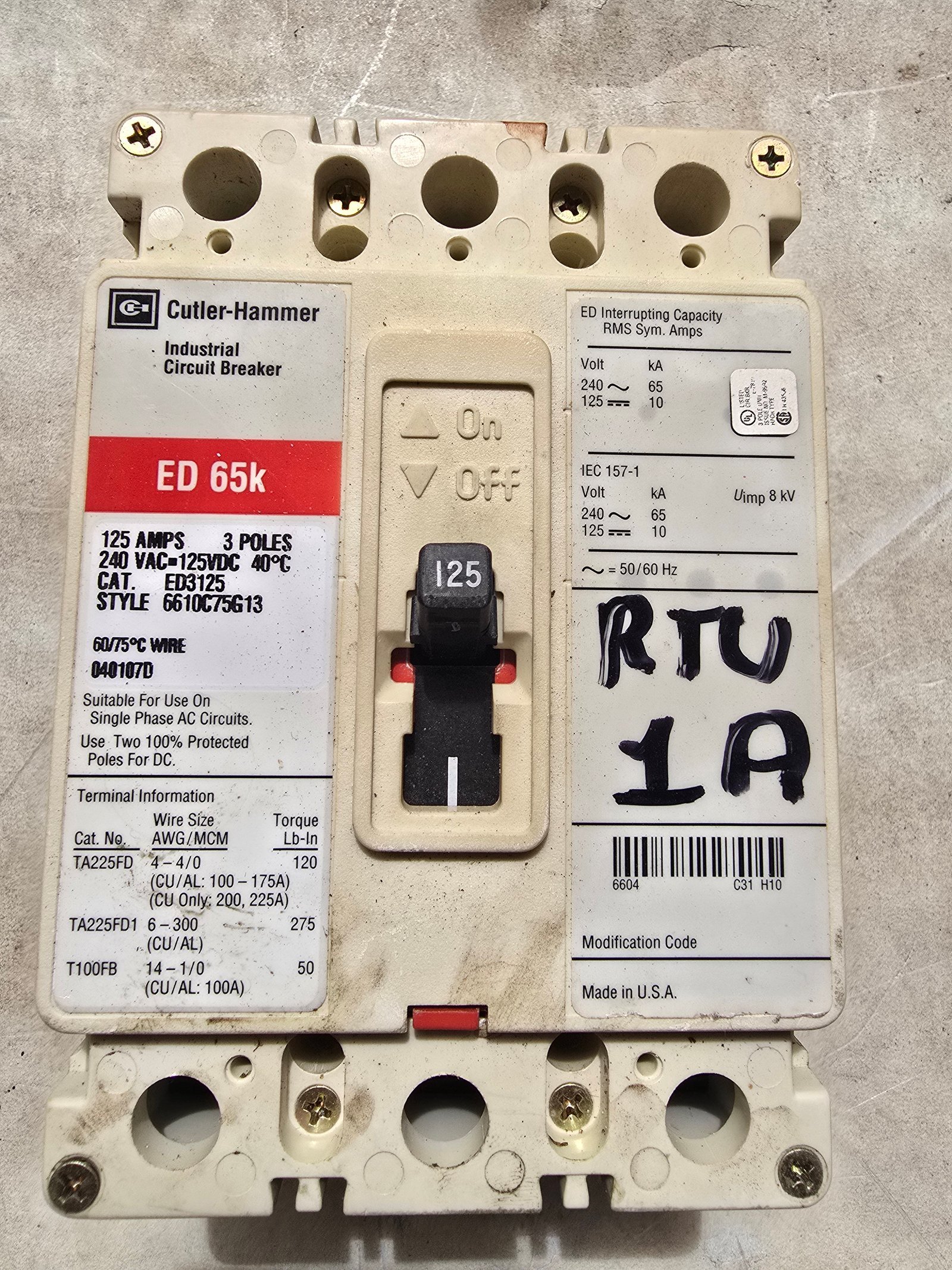 Cutler Hammer ED 65K Circuit Breaker125AMPS