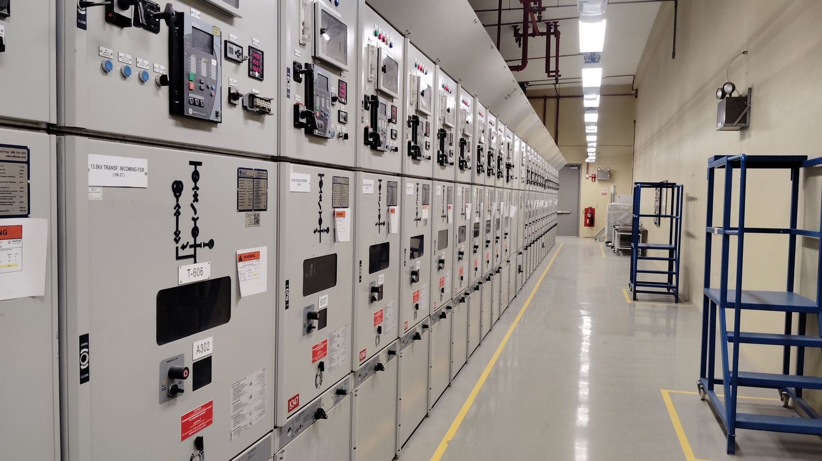 Industrial electrical control room with rows of control panels